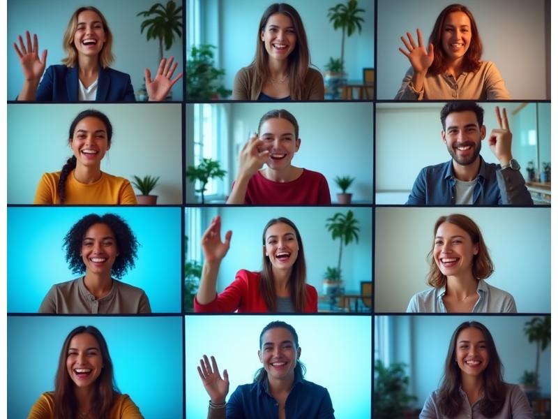 A diverse group of cheerful people participating in a virtual team building event shown on multiple video call screens, demonstrating strong remote employee engagement and a positive company culture.